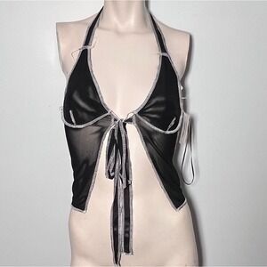 Womens Halter Top S Sexy Sheer Sinful Gothic Contrast Stitch Mesh Rebellious New